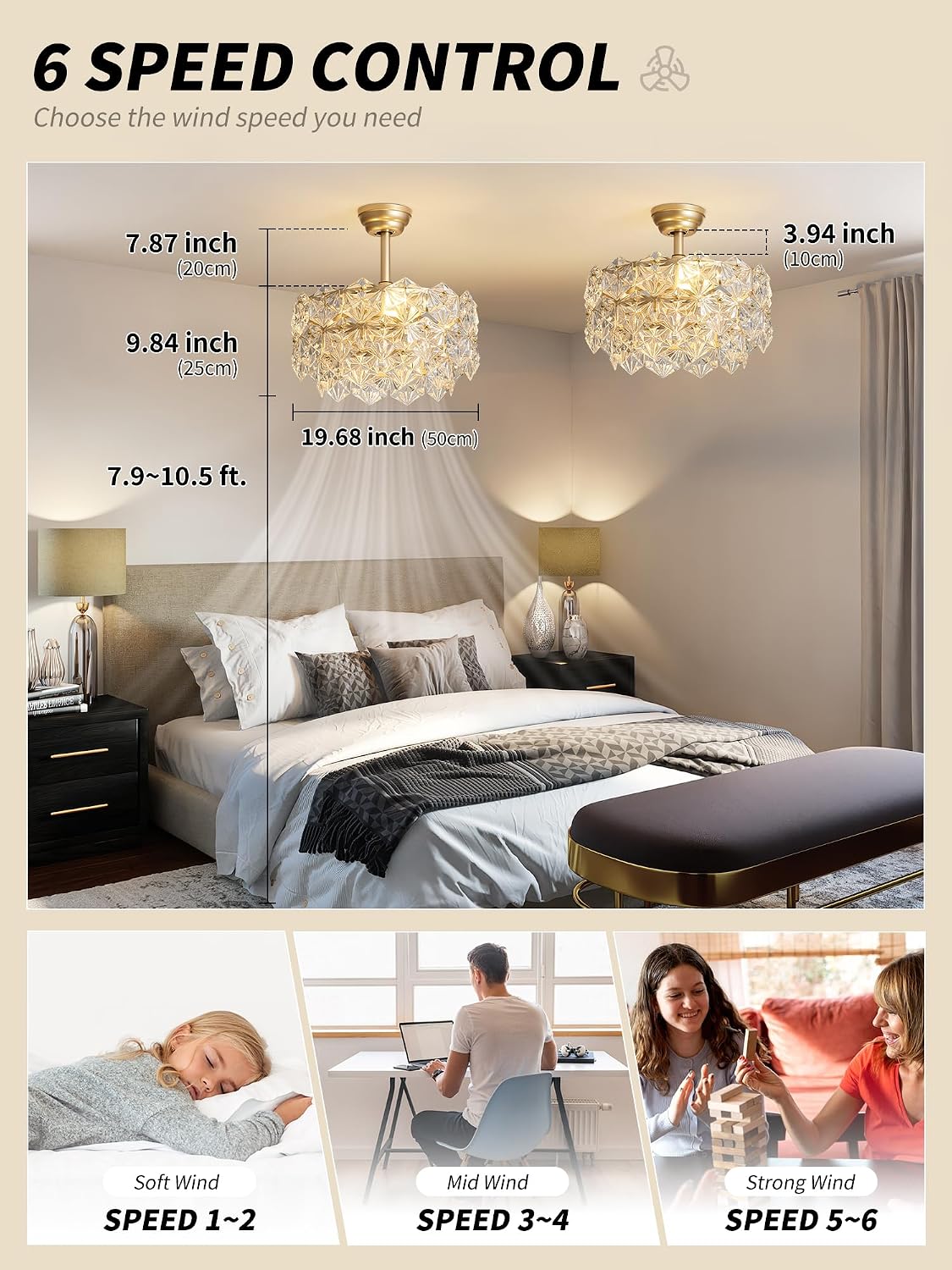 SYDACG 20' Gold Crystal Fandelier Ceiling Fan with Light, Mid-Century Chandelier Ceiling Fan with Light Remote Control, 6 Speeds for Bedroom, Nursery, Living Room