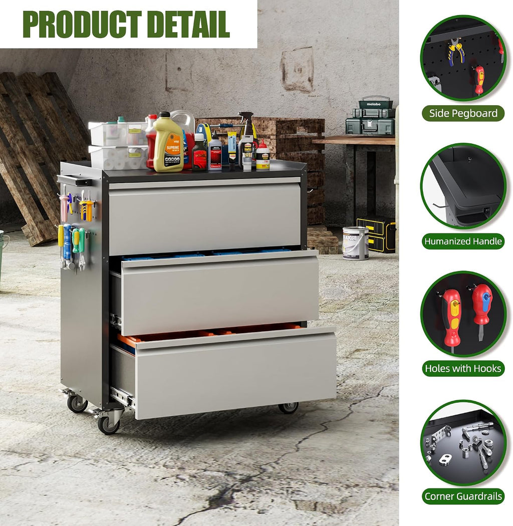 Aobabo Metal Rolling Tool Storage Cabinet with Drawers, Side Pegboards, Left Handle, Lockable Casters, Garage Workshop Utility Cart, 18.11 D x 30.3 W x 35.4 H Inches,Assembly Required