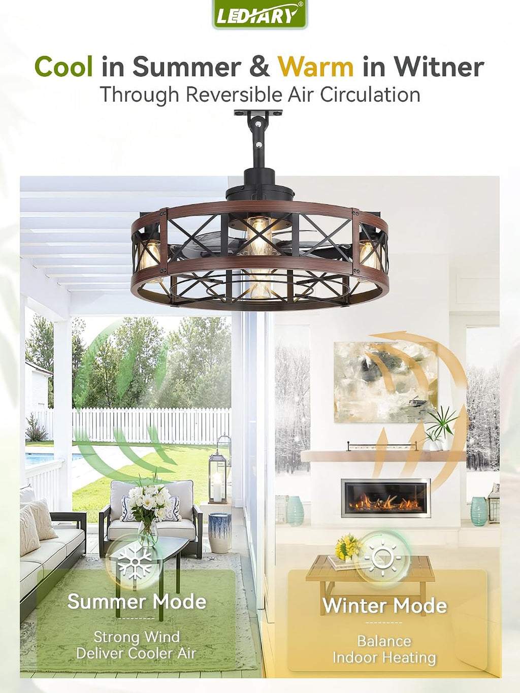 LEDIARY Outdoor Ceiling Fan with Lights for Patios- 22' Waterproof Plug in Gazebo Fan with Remote Control&Timer, 6-Speed Reversible Motor, Hanging Caged Ceiling Fan for Porch, Pergola, Walnut