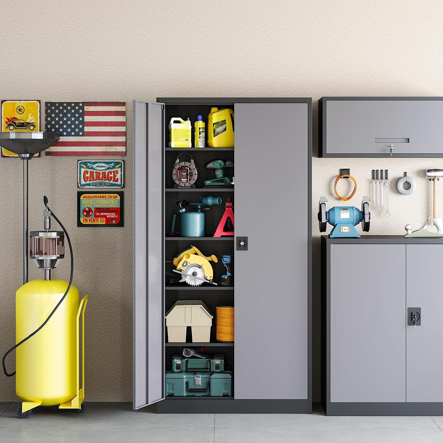 RAVIGIN Metal Garage Storage Cabinet with Lock, 71' Locking Tool Cabinet with 2 Doors and 5 Adjustable Shelves, Tall Steel Cabinet Garage for Home,Office,Warehouse，School (Black Grey)