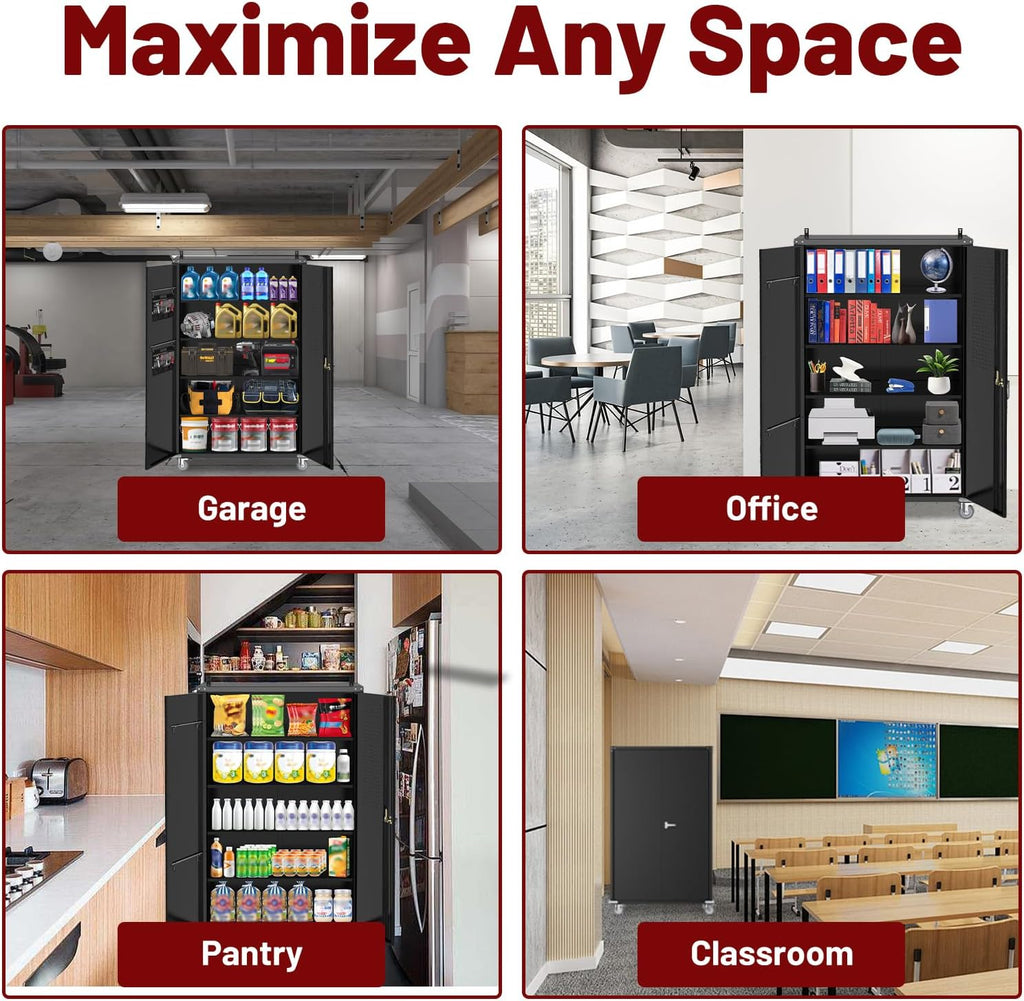 Tall & Wide Metal Garage Storage Cabinet with 4 Adjustable Shelves, 43''W x 22''D x 72''H with Wheels & Pegboards, Heavy Duty Lockable Garage Cabinet for Warehouse, Basement, Office, Gym