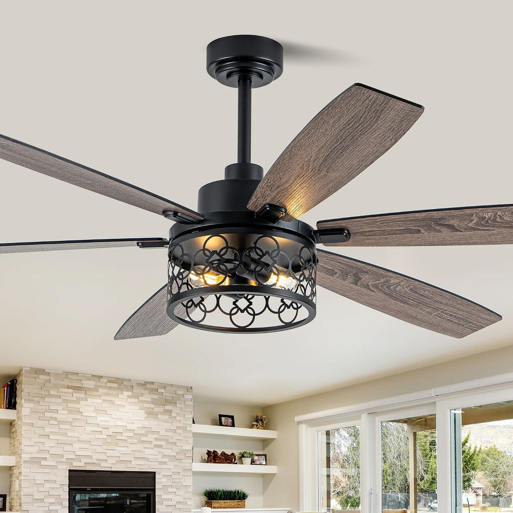 60' Large Ceiling Fans with Lights, Modern Farmhouse Caged Ceiling Fan with Light and Remote, Reversible Motor, 6 Double Finish Wood Blades, Black Rustic Industrial Ceiling Fan for Living Room
