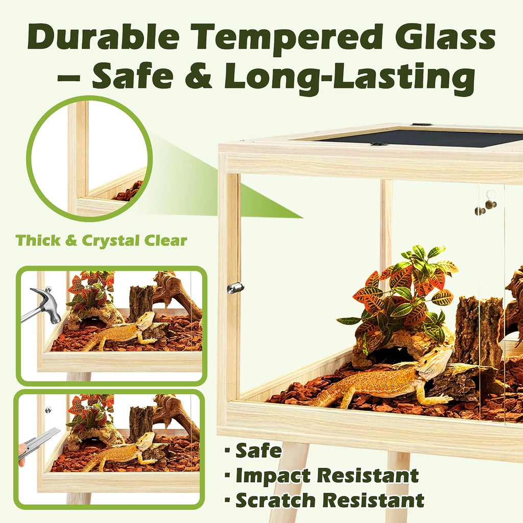 PROLEE Bearded Dragon Tank with Legs, 34 Gallon Tempered Glass Lizard Tank, Reptile Enclosure with Metal Mesh and Lockable Door, Reptile Tank for Snakes,Chameleon (Oak, 32x15.5x15.5 Inch)