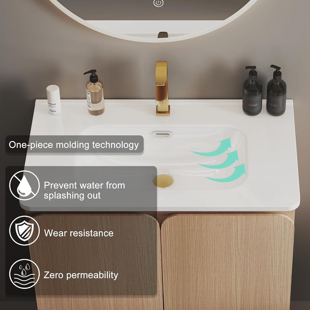 30' Bathroom Vanity with Sink, Modern Freestanding Bathroom Cabinet with Top, Integrated Basin, 2 Soft-Close Doors, Adjustable Shelf, Spacious Storage for Small Space, Oak - Dalia Collection