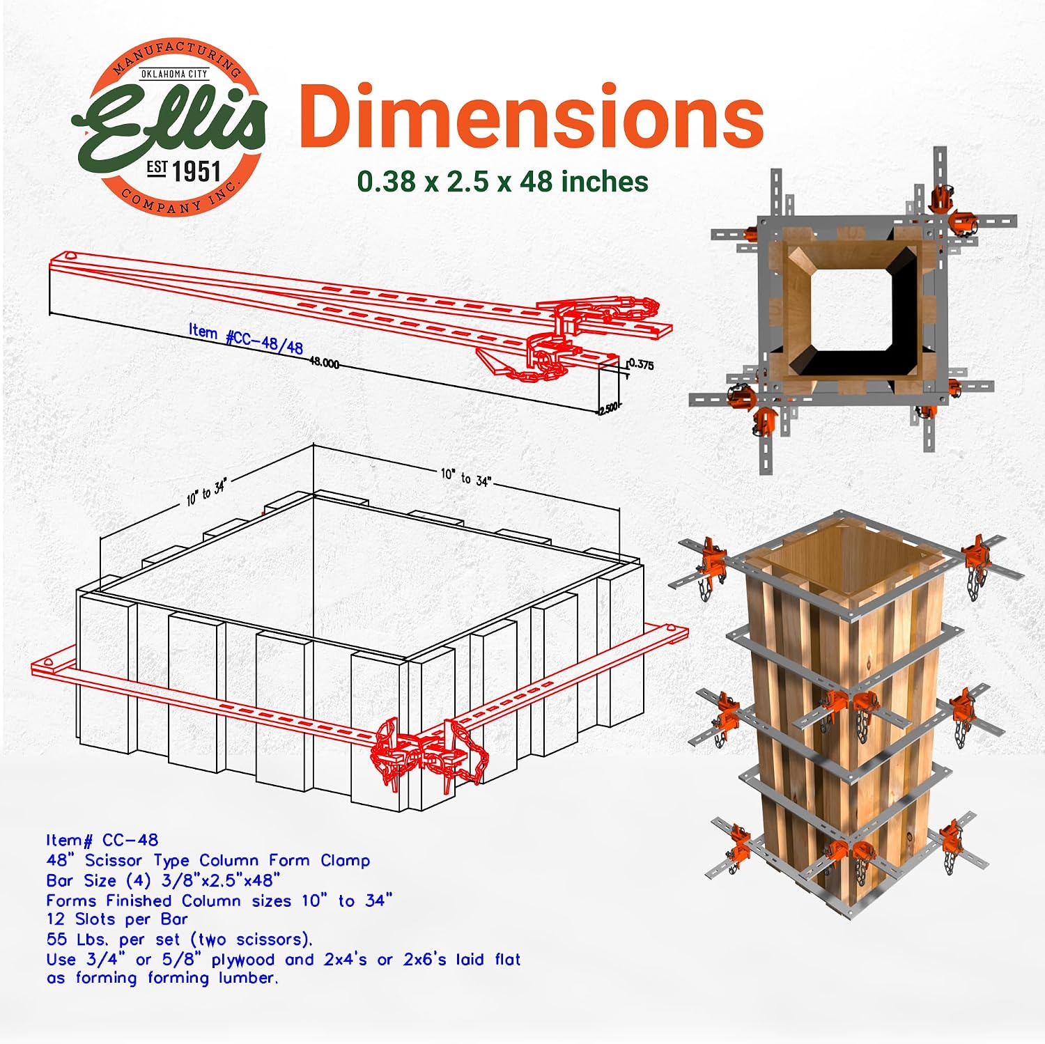 Ellis Manufacturing Company Scissor Column Forming Clamps - Clamp Set for Carpentry & Construction - Net Concrete 10' - 34' - Bar Size 3/8' x 2-1/2' x 48'