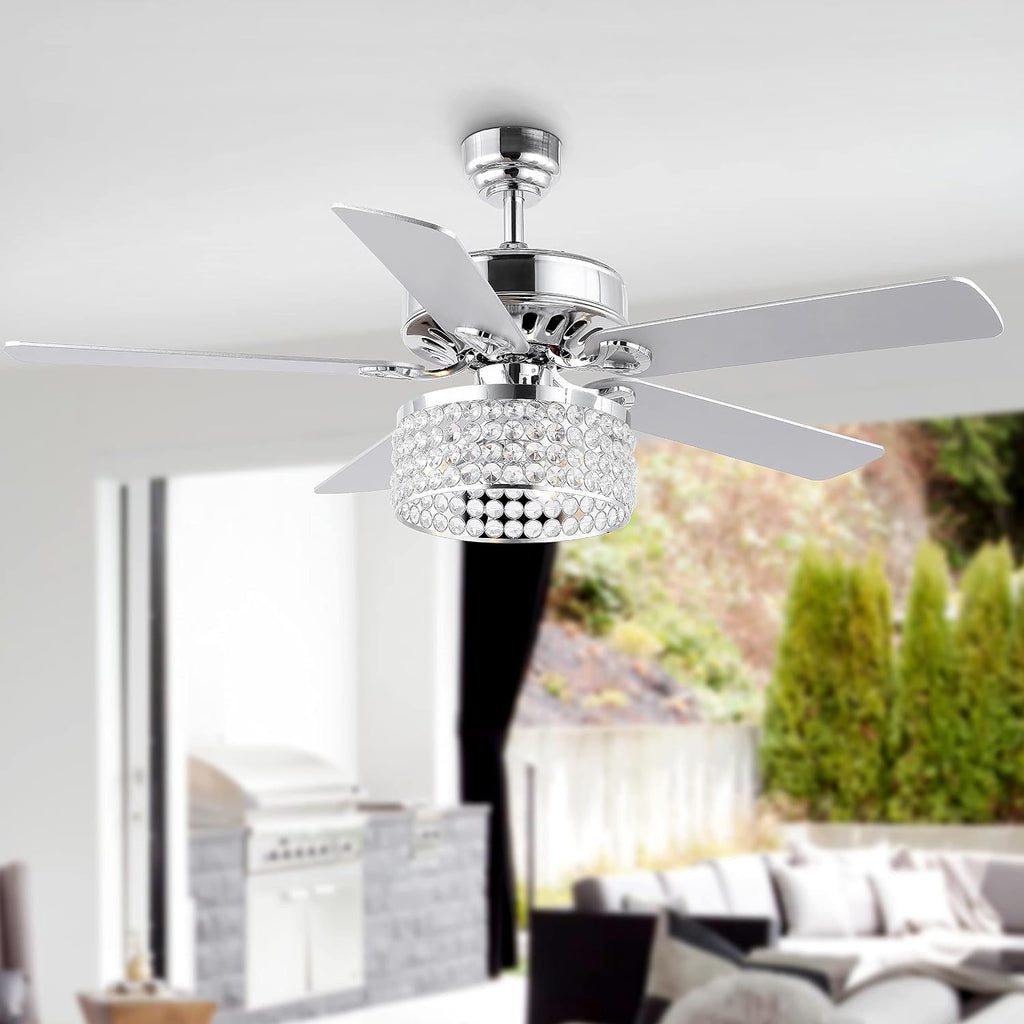 JONATHAN Y 52' Chrome 3-Light Crystal and Metal Drum LED Ceiling Fan with Remote, Modern Glam 5-Blade Indoor Fixture, Clear Crystal Prism Shade, LED Bulbs Included JYL9709A