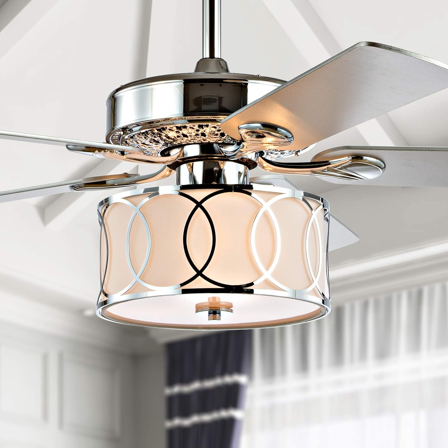 JONATHAN Y 52' Chrome Modern Glam LED Ceiling Fan with Remote, 3-Light Indoor Fan with 5 Reversible Blades, White Fabric Drum Shade for Living Room, Bedroom, ETL Listed JYL9607A
