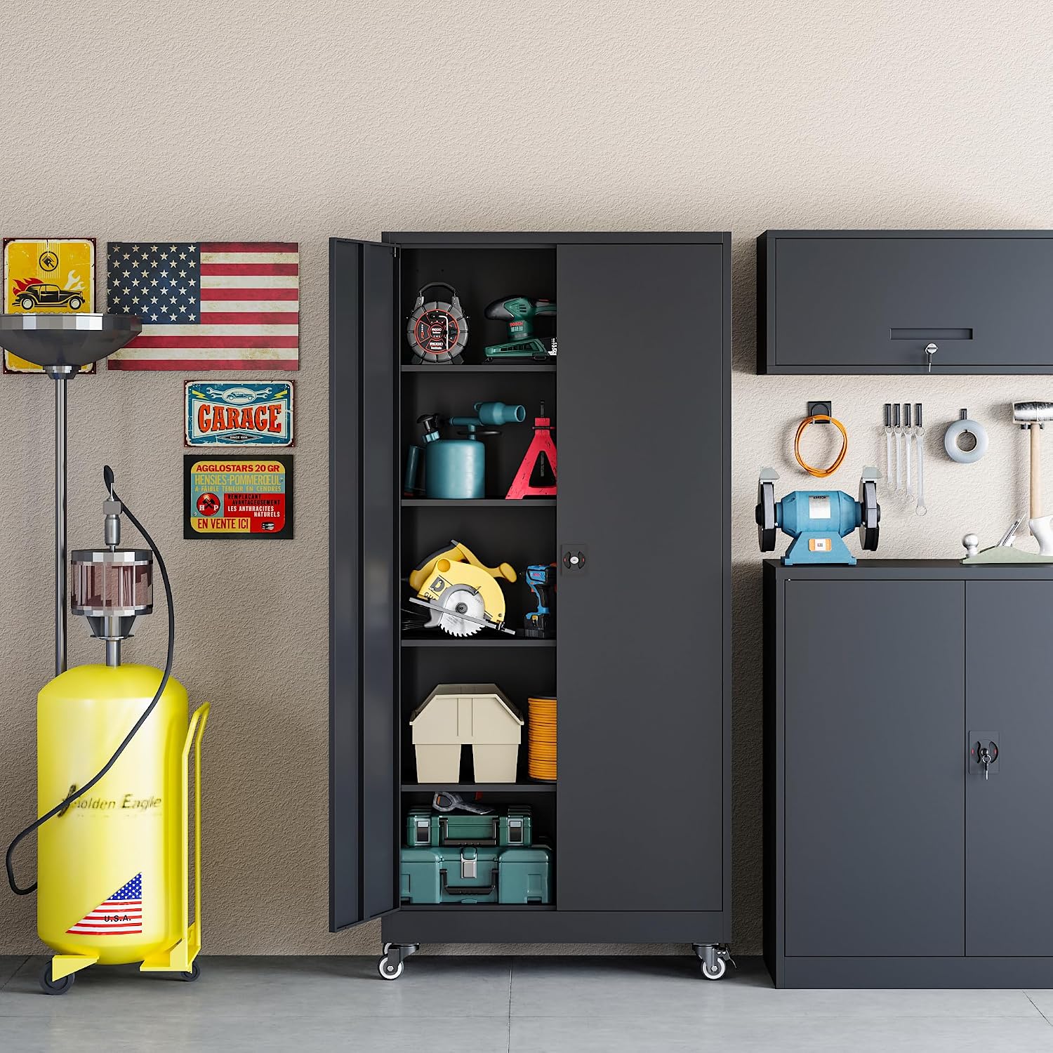 RAVIGIN Metal Garage Storage Cabinet with Wheels,75' H Locking Tool Cabinet with 2 Doors and 4 Adjustable Shelves Tall Cabinet for Garage, Heavy Duty File Cabinet for Office, School (Black)