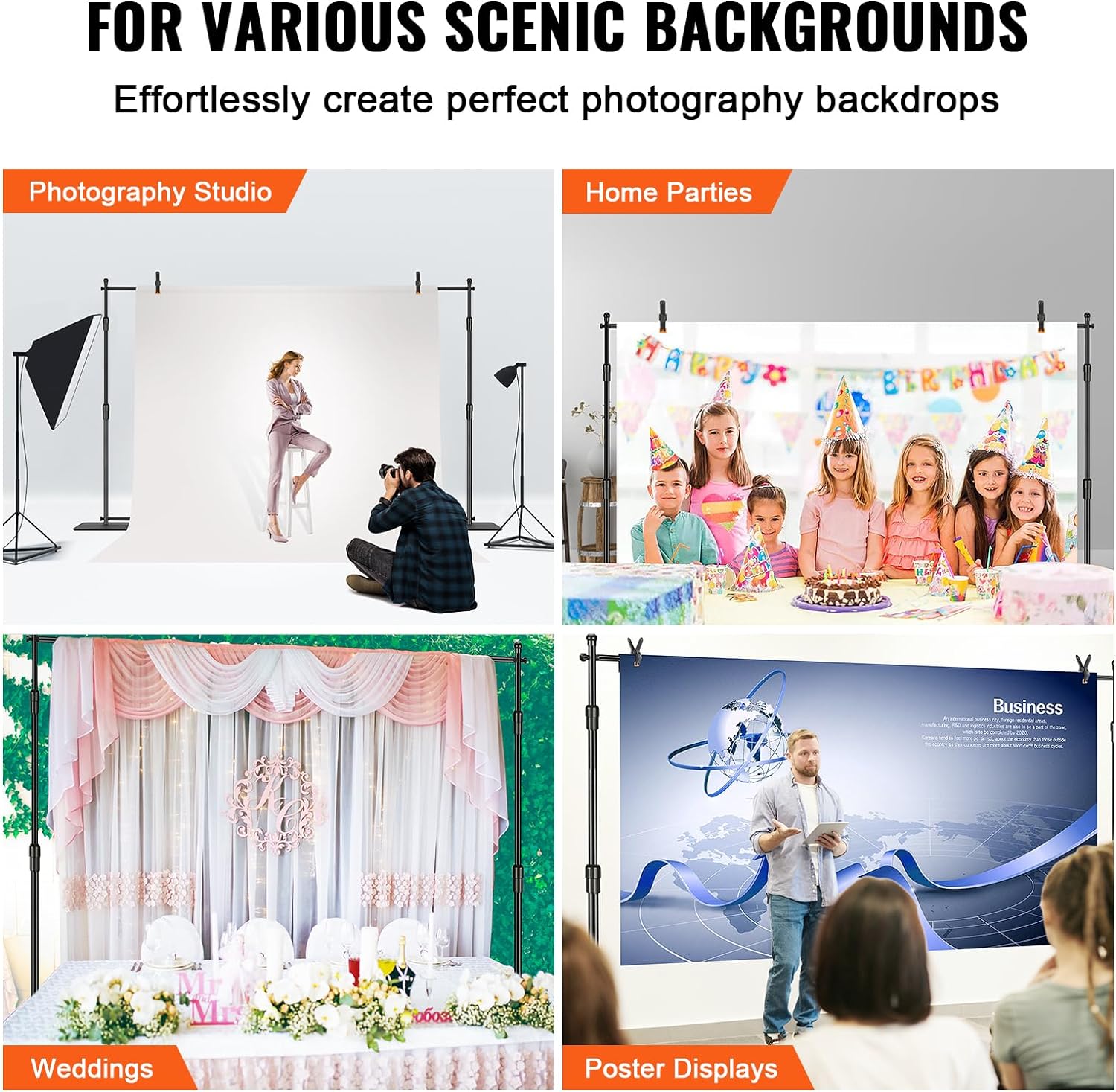 Happybuy 10ft x 10ft Pipe and Drape Kit, Heavy Duty Backdrop Stand with Carbon Steel Base, Adjustable Support with 6 Clamps and Carry Bag for Weddings, Parties, Events, Photography, Exhibition