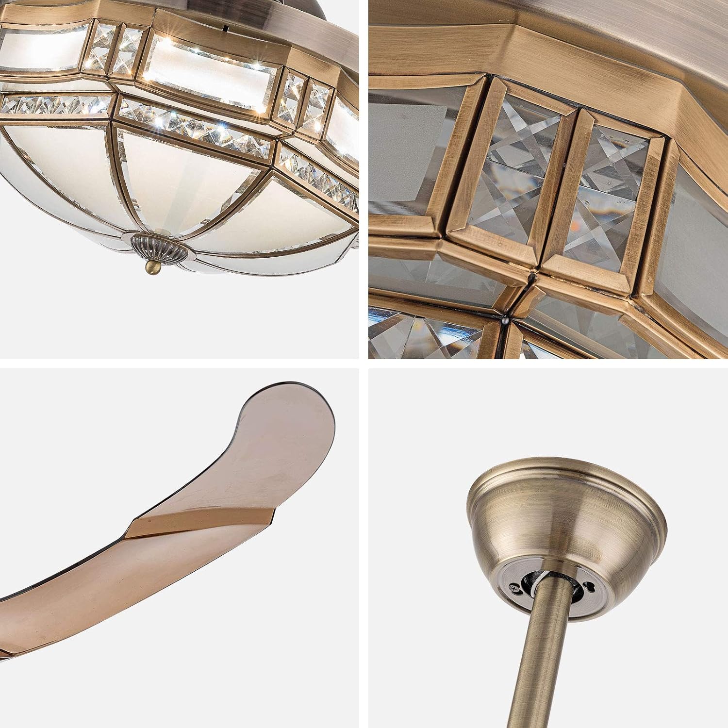 TFCFL 42 Inch Vintage Ceiling Fan Light, Tiffany Style Dimmable Chandelier Fan with Controller 3-Color Lighting 3-Speed Retractable Blades for Bedroom Living Room (Gold)