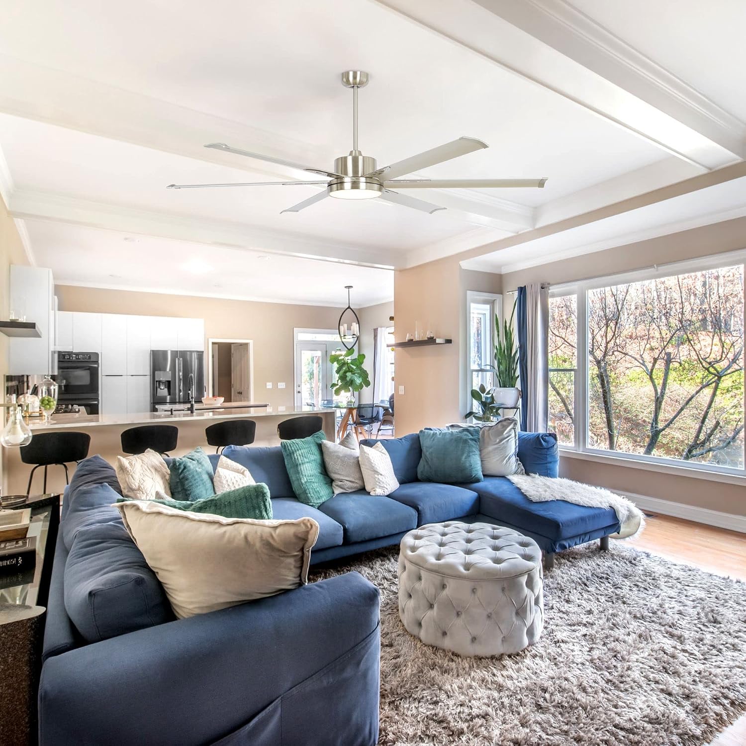 Industrial Ceiling Fans with Lights and Remote, 65 Inch Large Ceiling Fan for Living Room Bedroom, Outdoor Ceiling Fans for Patios, DC Motor Reversible 6 Blades, Ventilador de Techo, Brushed Nickel