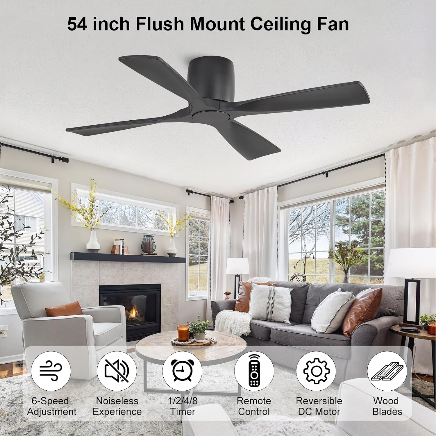 WINGBO 54 Inch Ceiling Fan Without Light, Solid Wood Flush Mount Ceiling Fan with Remote Control, Reversible DC Motor, 4 Blades, 6-Speed Quiet Performance, for Bedroom & Living Room, Black