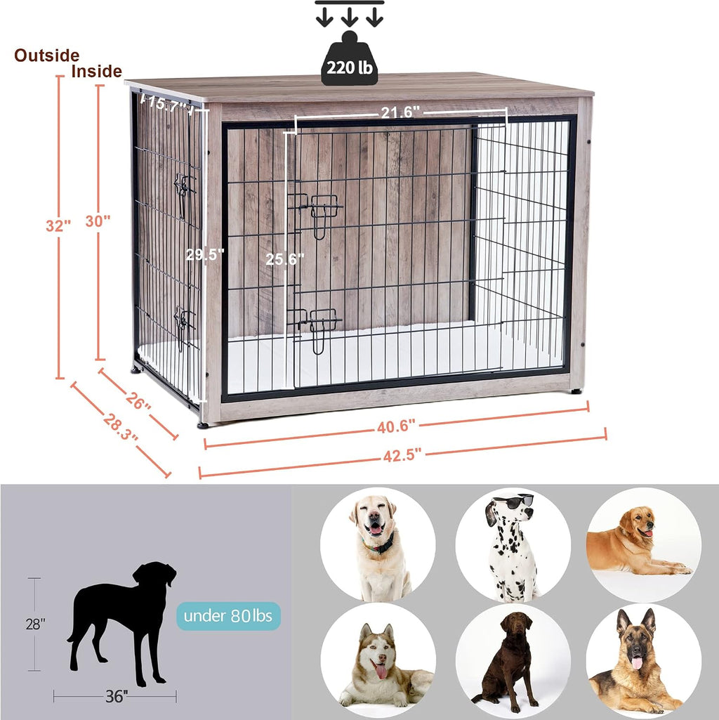 DWANTON Dog Crate Furniture with Cushion, Wooden Kennel Table with Double Doors, Indoor Dog House, Extra Large Size, 43.3' L, Greige