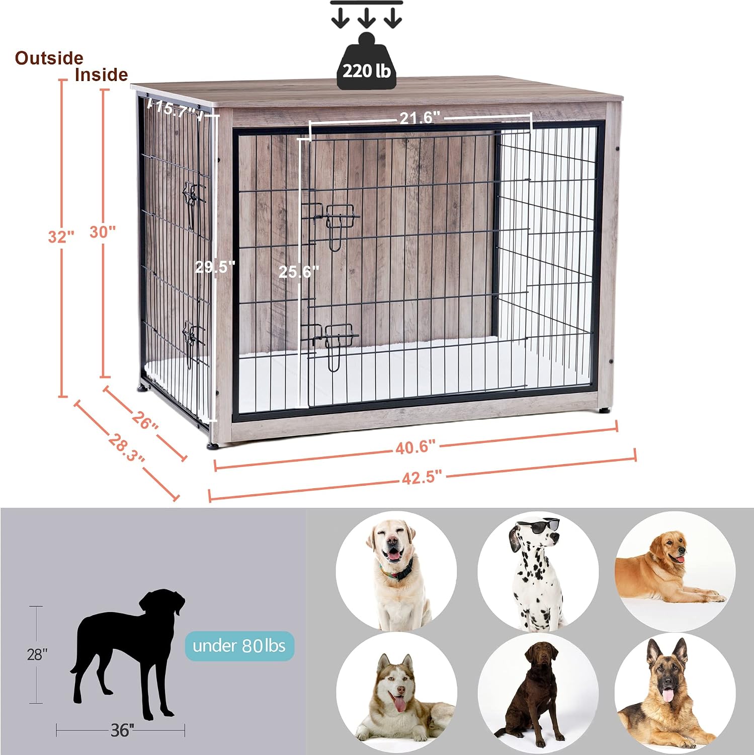 DWANTON Dog Crate Furniture with Cushion, Wooden Kennel Table with Double Doors, Indoor Dog House, Extra Large Size, 43.3' L, Greige