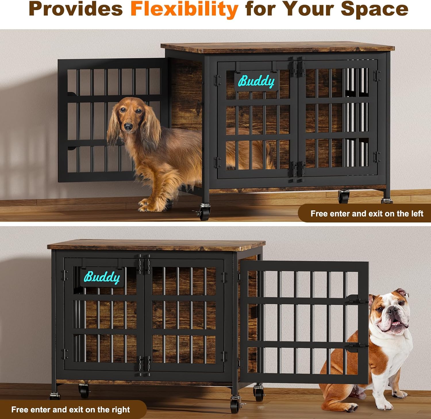 EasyCom 33'/27' Dog Crate Furniture with Name Tag, Heavy Duty Dog Kennel Indoor for Medium and Small Dogs, Double-Doors Sturdy Metal Dog Cage, Decorate House as TV Stand, End Table, Bedside Table