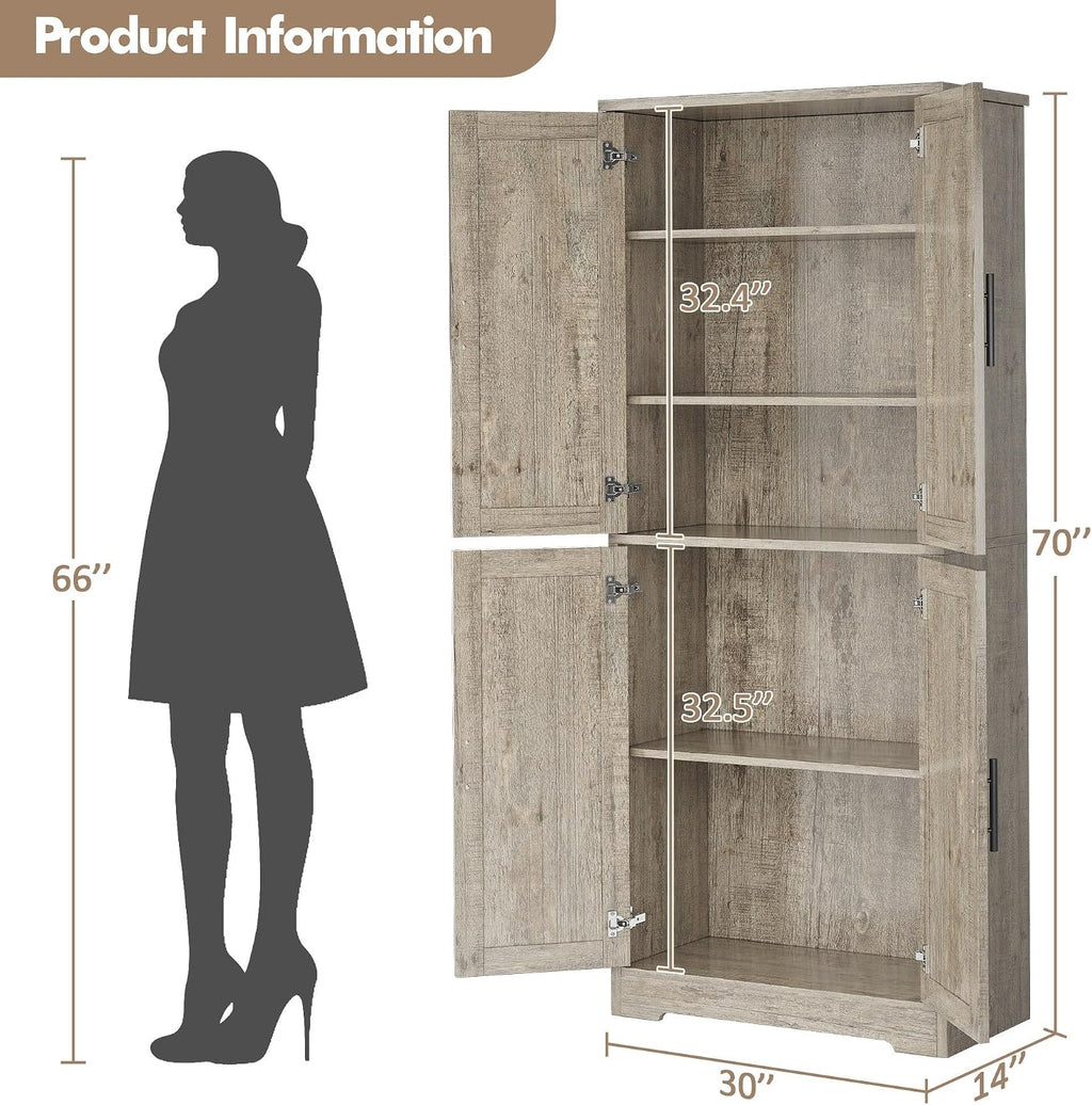 IDEALHOUSE Pantry Cabinet,70' Tall Kitchen Pantry Cabinet with 4 Doors and 3 Adjustable Shelves, Freestanding Cupboard, Modern Storage Cabinet for Bathroom, Dining Room, Living Room, Gray