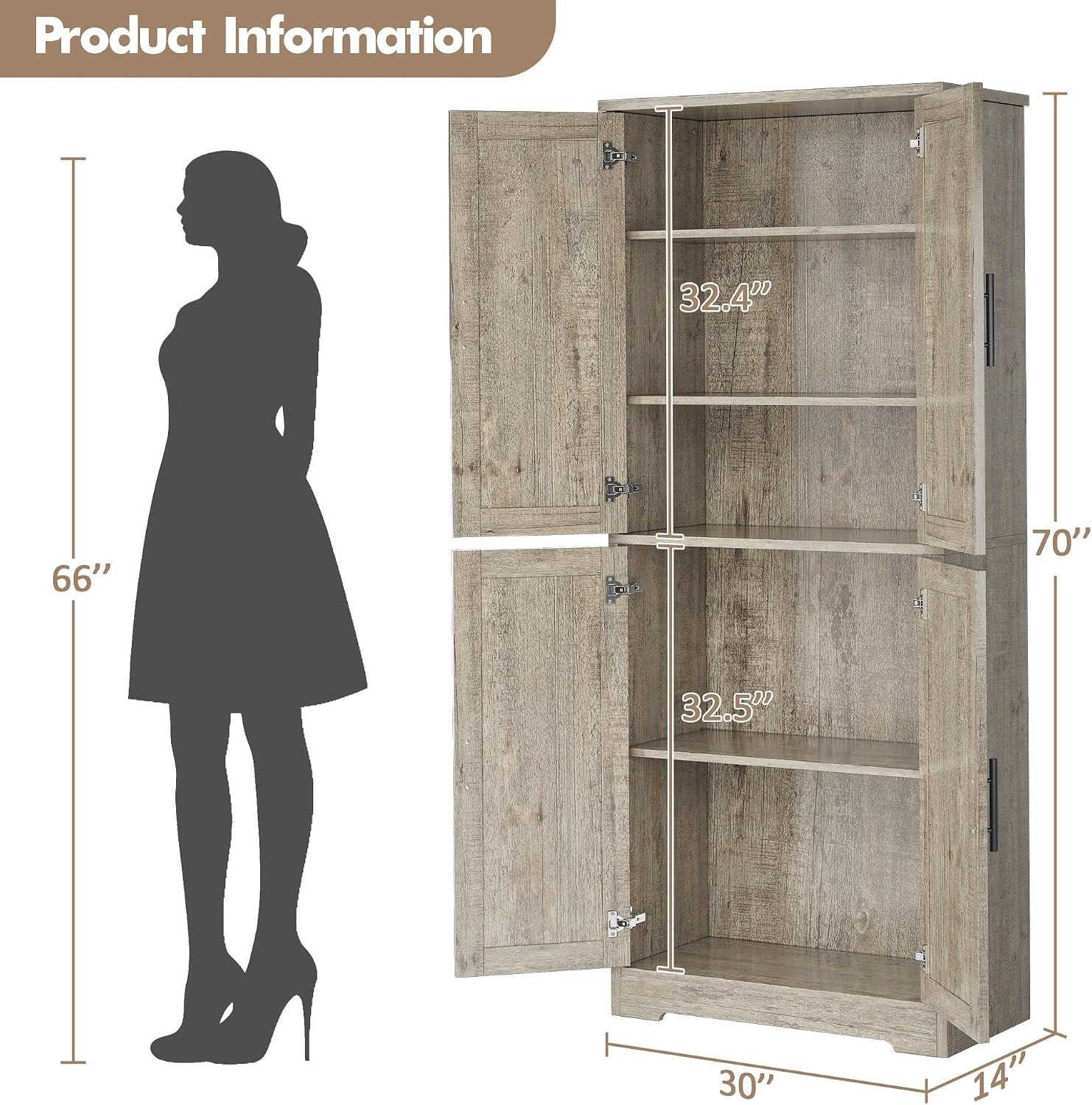 IDEALHOUSE Pantry Cabinet,70' Tall Kitchen Pantry Cabinet with 4 Doors and 3 Adjustable Shelves, Freestanding Cupboard, Modern Storage Cabinet for Bathroom, Dining Room, Living Room, Gray