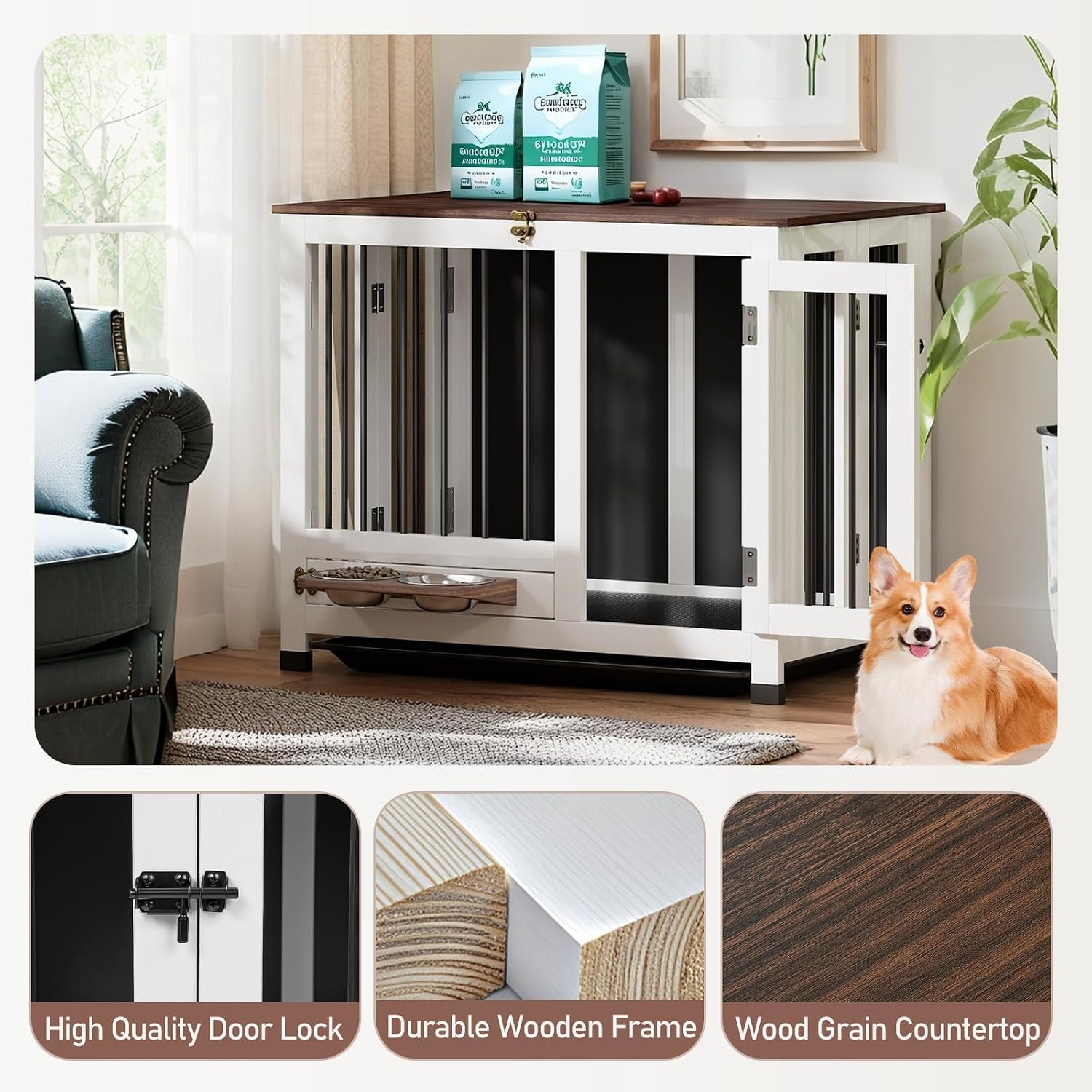 Dog Crate Furniture - 31.5' Wooden Dog Cage with Removable Tray & 360° Rotating Feeder | Multi-Functional Dog Kennel End Table for Small & Medium Dogs | Indoor Portable Pet Crates | Easy Assembly