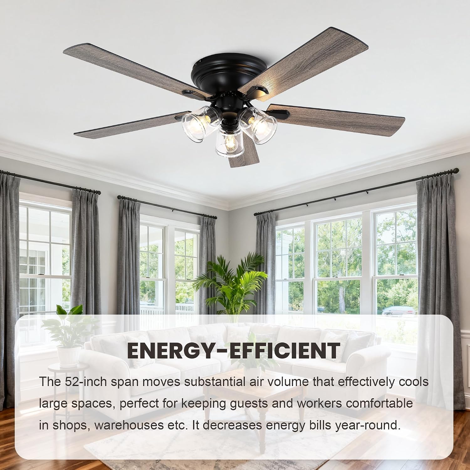 Dawn Whisper 52 Inch Flush Mount Farmhouse Ceiling Fans with Lights Vintage Ceiling Fan with 3 Bulb Lights Remote for Bedroom Living Room Kitchen