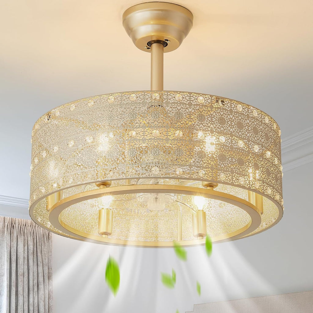 20' Gold Fandelier Ceiling Fan with Lights, Mid Century Gold Caged Ceiling Fans with Lights and Remote, Crystal with 6 Speeds for Bedroom, Living Room, Kitchen