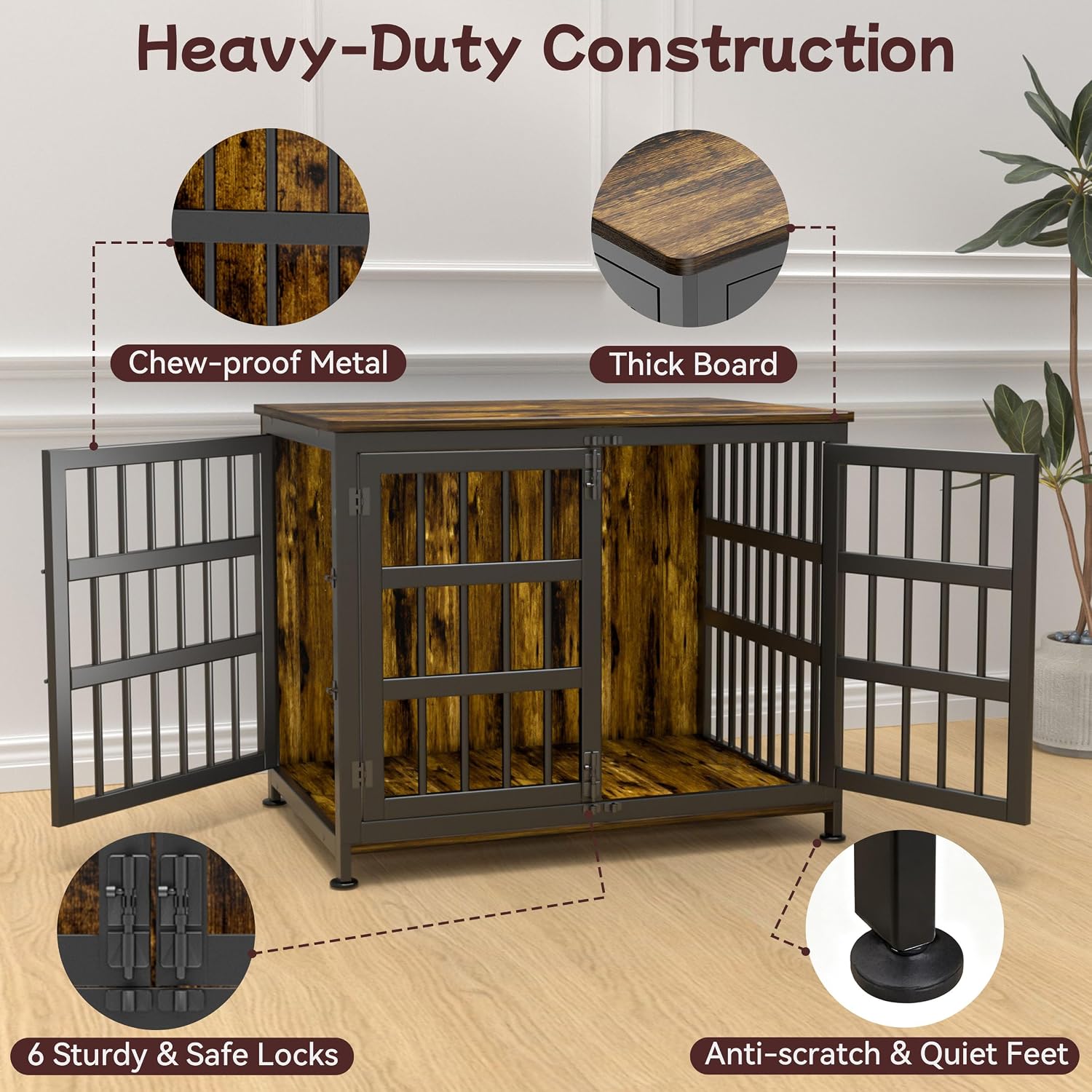 33'' Dog Crate Furniture Large Breed Dog Crate Dog Kennels for Inside Wooden Dog Crates End Table Heavy Duty Indoor Combination Cage for Medium to Large Dogs Walnut