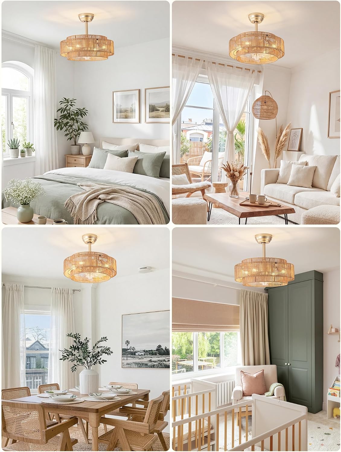 20'' Gold Boho Fandelier Ceiling Fan with Light, Rattan Chandelier with Light Remote Control, Caged with 6 Speeds for Bedroom, Nursery, Living Room