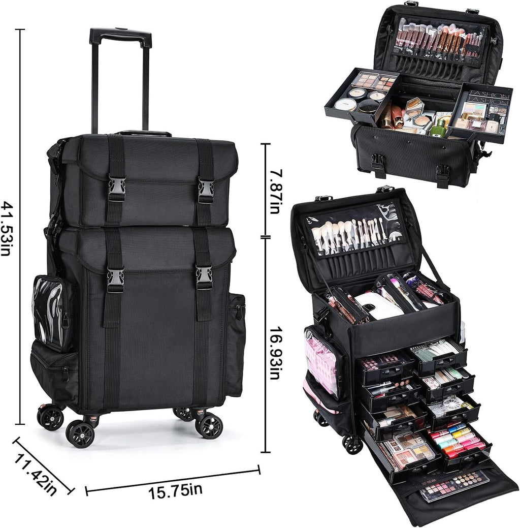Stagiant Professional Rolling Makeup Case Soft Sided Cosmetology Organizer Wheeled Nylon Train Case Portable Travel Supply Station for Makeup Artist Nail Technician Hair Stylist Crafters