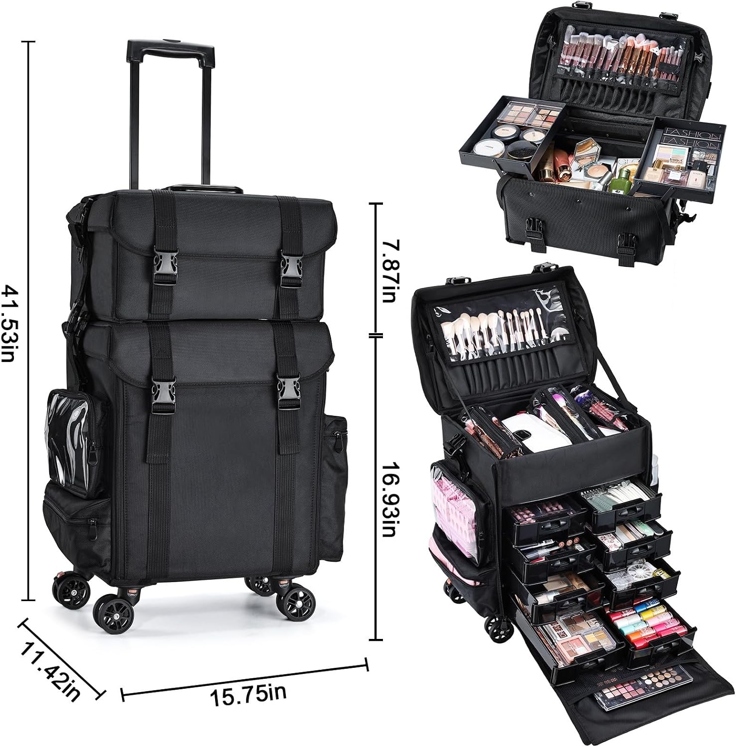 Stagiant Professional Rolling Makeup Case Soft Sided Cosmetology Organizer Wheeled Nylon Train Case Portable Travel Supply Station for Makeup Artist Nail Technician Hair Stylist Crafters