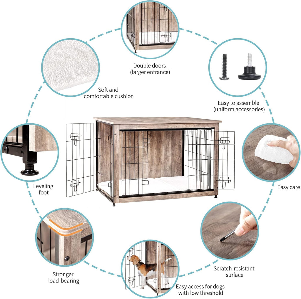 DWANTON Dog Crate Furniture with Cushion, Wooden Kennel Table with Double Doors, Indoor Dog House, Extra Large Size, 43.3' L, Greige