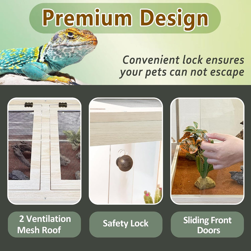 PROLEE Reptile Enclosure with Leg, 30 Gallons Bearded Dragon Tank, Tempered Glass Lizard Tank with Metal Mesh Tops and Lockable Door, Spacious Reptile Habitat for Snake,Lizard (Oak)