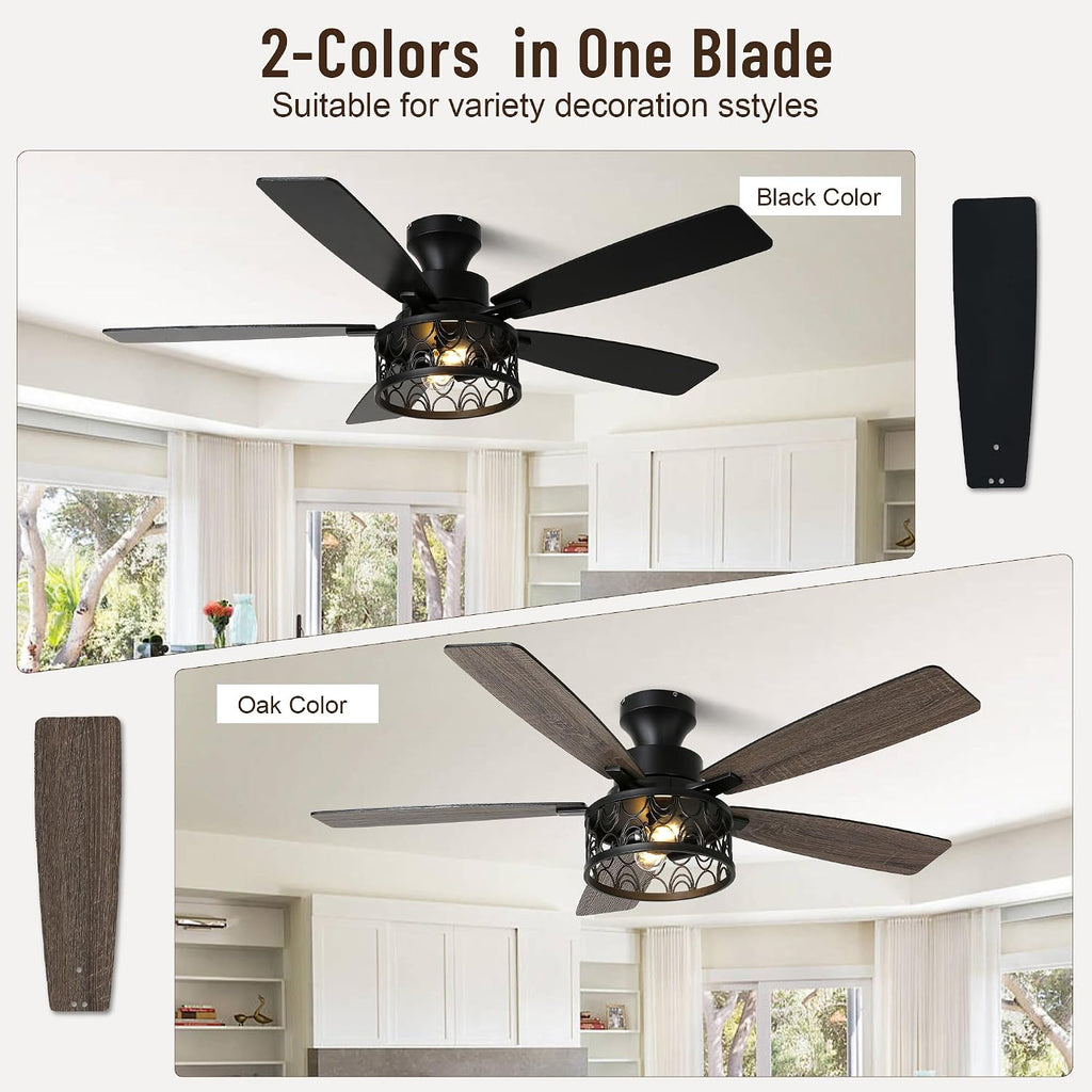 52'' Ceiling Fan with Lights, Flush Mount Farmhouse Ceiling Fan with Remote Control, 6 Speeds Reversible DC Motor, Low Profile Industrial Caged Ceiling Fan for Bedroom Living Room