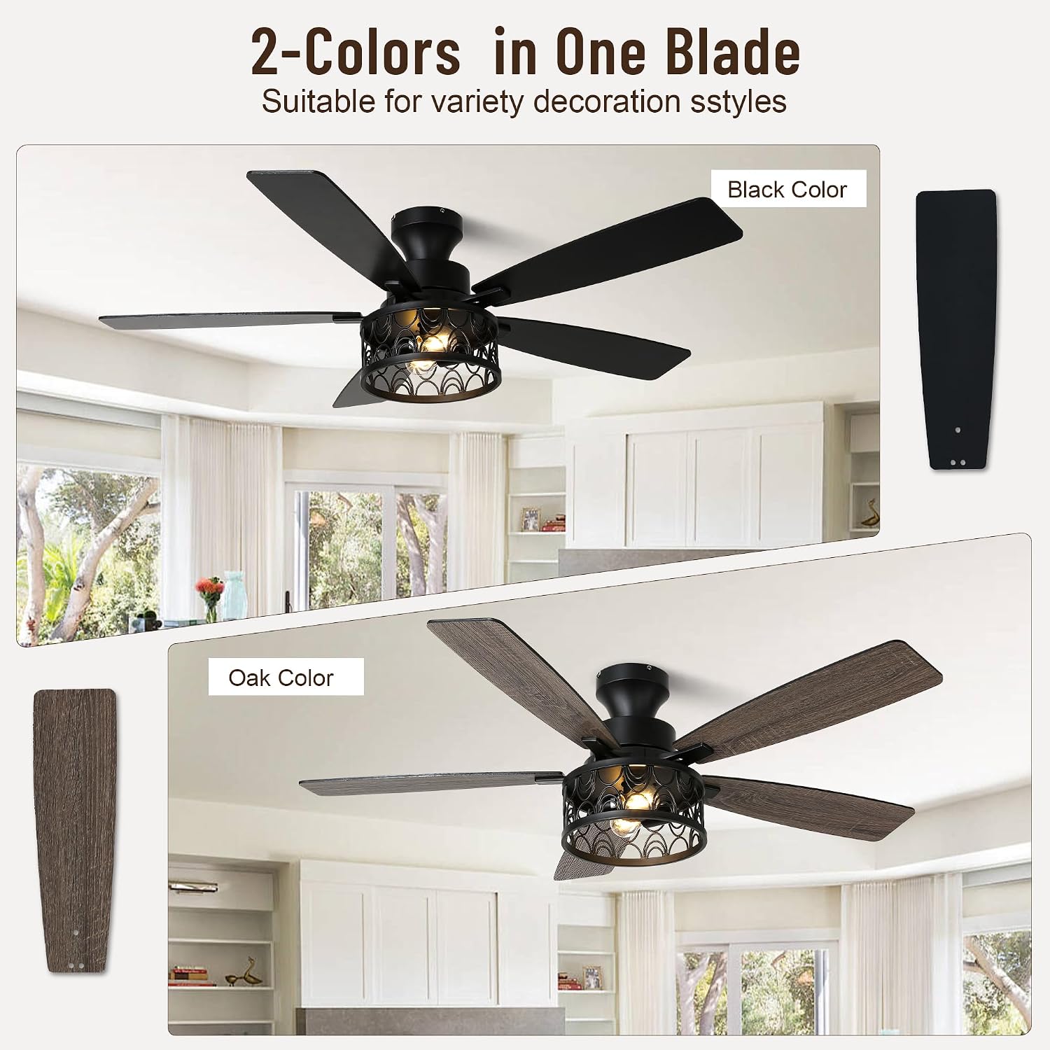 52'' Ceiling Fan with Lights, Flush Mount Farmhouse Ceiling Fan with Remote Control, 6 Speeds Reversible DC Motor, Low Profile Industrial Caged Ceiling Fan for Bedroom Living Room