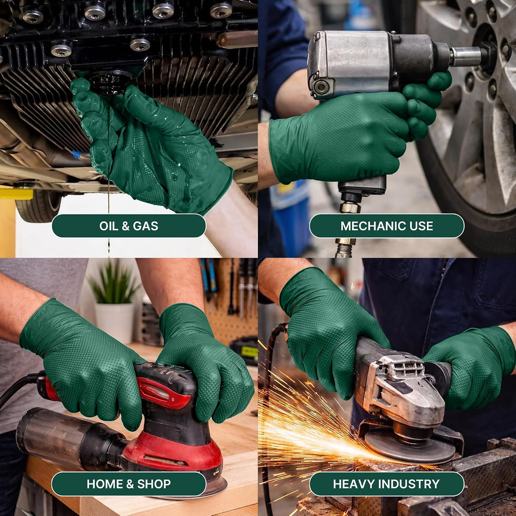 TitanFlex Heavy Duty Industrial Nitrile Gloves with Raised Diamond Texture, 6-mil, Latex Free (Dark Green/Yellow)