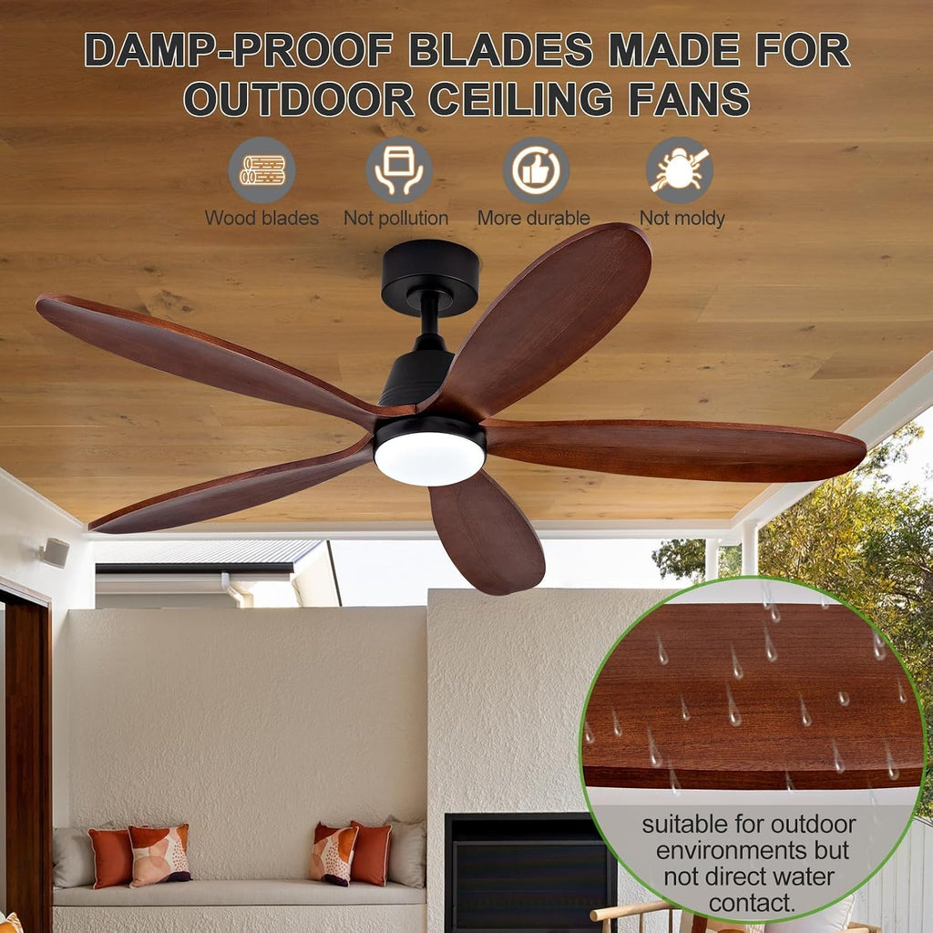 52 Inch Ceiling Fans with Lights and Remote, Modern Wood Ceiling Fan with Light, Indoor Outdoor Ceiling Fan for Patio Bedroom, Dimmable, Reversible DC Motor, Memory Function (Black Walnut)