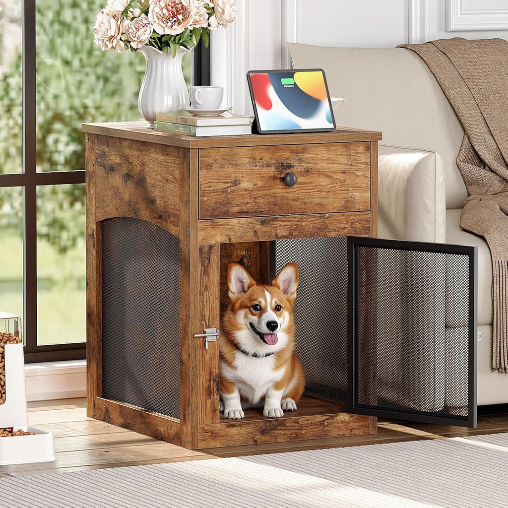 HOOBRO Dog Crate Furniture, Dog Kennel with Drawer and Charging Station, Indoor Decorative Puppy House, Wooden Pet Crate End Table for Small Dogs, Rustic Brown and Black BF58UGW03G1