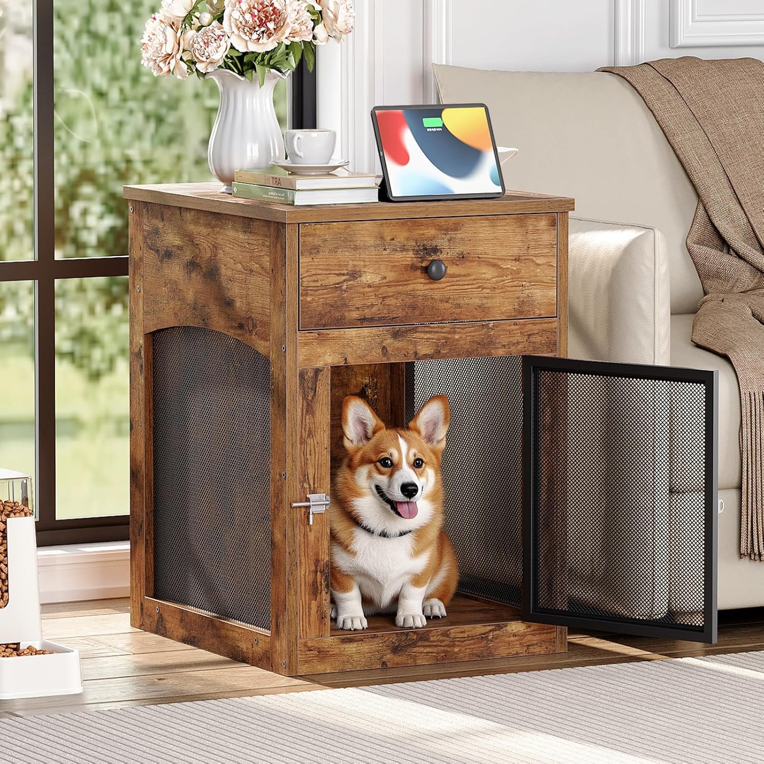 HOOBRO Dog Crate Furniture, Dog Kennel with Drawer and Charging Station, Indoor Decorative Puppy House, Wooden Pet Crate End Table for Small Dogs, Rustic Brown and Black BF58UGW03G1