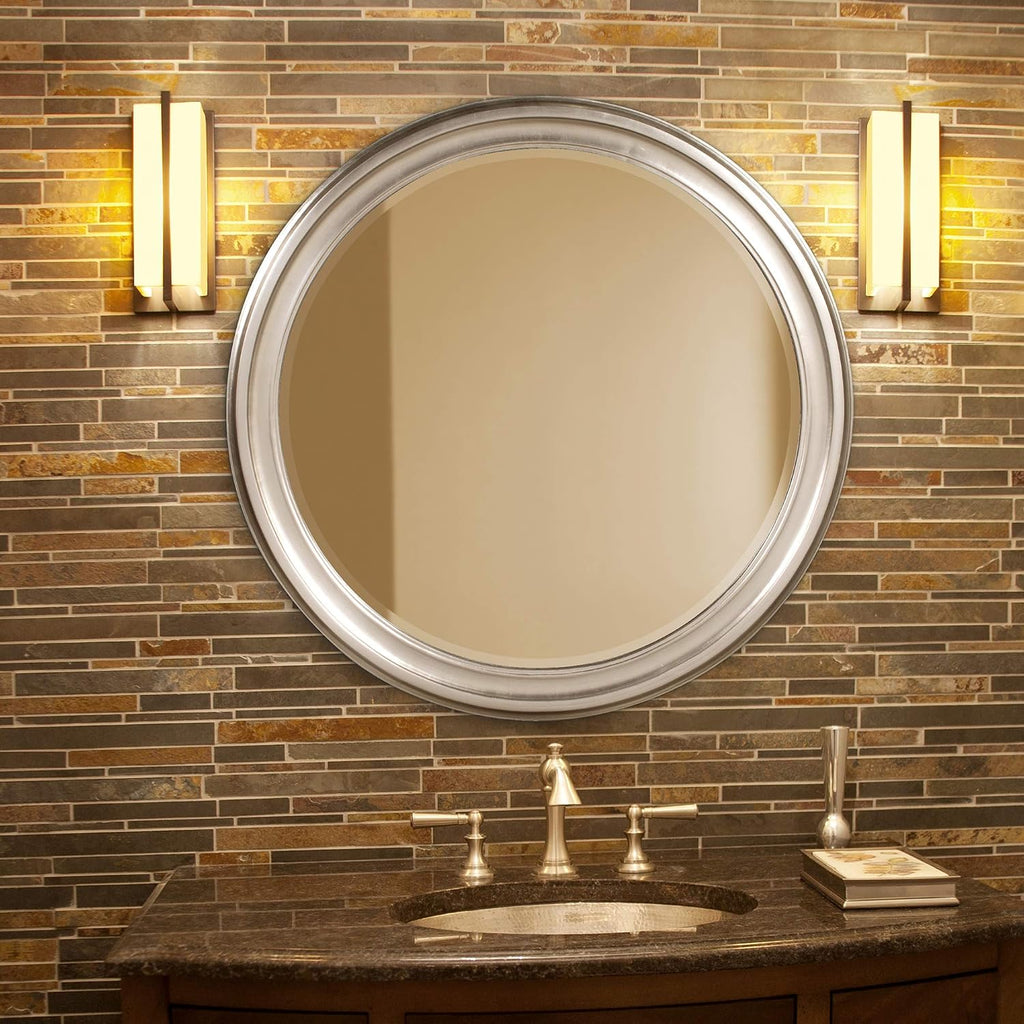 Howard Elliott George Round Brushed Nickel Wall Mirror, Bevelled Vintage Hanging Wood Framed Vanity Mirrors for Home Decor, Living Room, Bathroom, Bedroom, or Hallway, 36 Inch Round