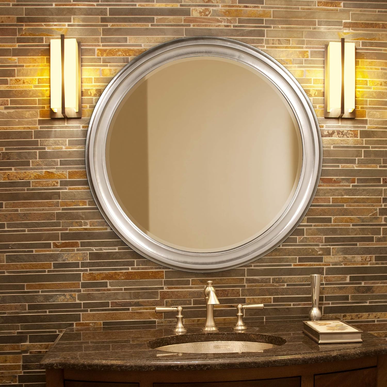 Howard Elliott George Round Brushed Nickel Wall Mirror, Bevelled Vintage Hanging Wood Framed Vanity Mirrors for Home Decor, Living Room, Bathroom, Bedroom, or Hallway, 36 Inch Round