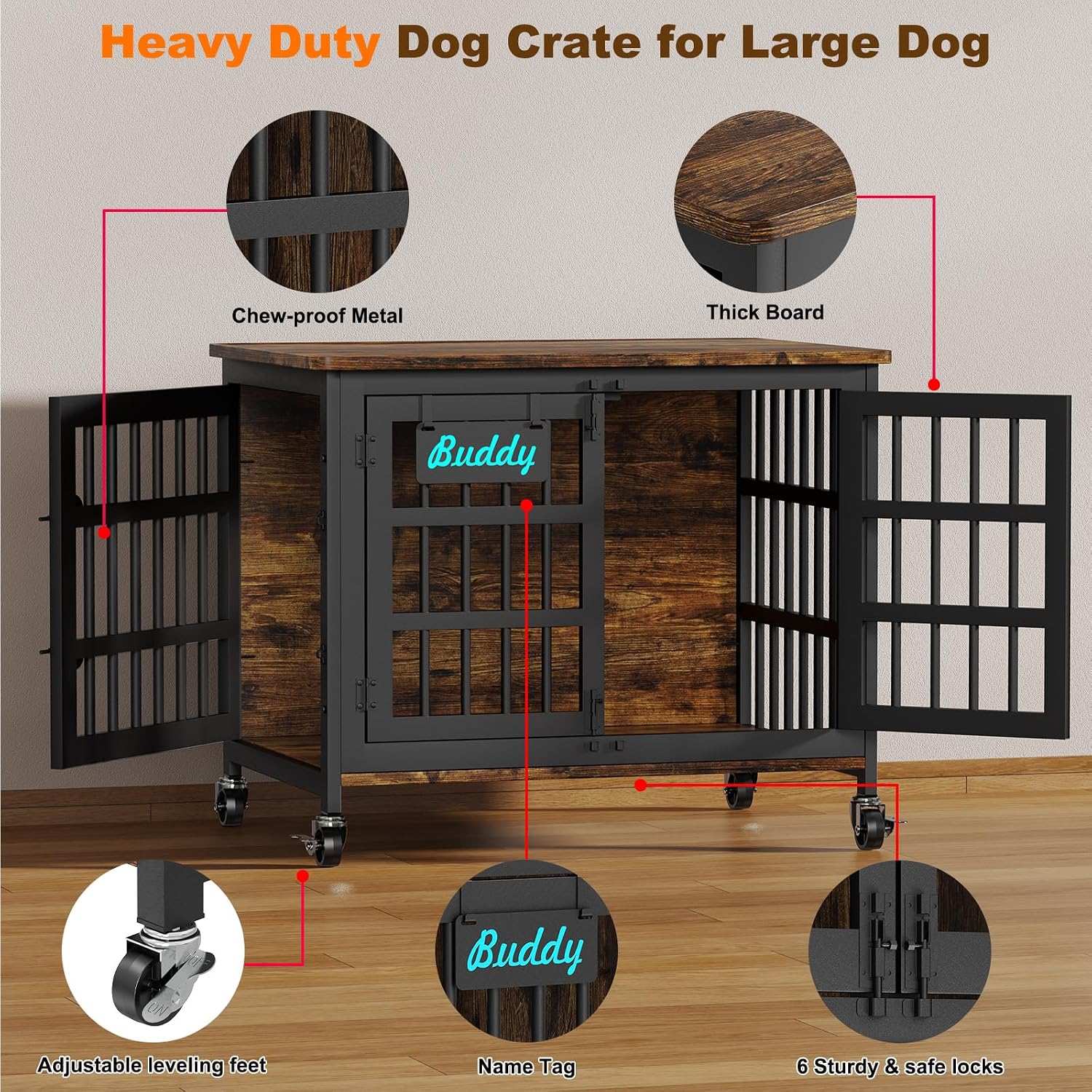 EasyCom 33'/27' Dog Crate Furniture with Name Tag, Heavy Duty Dog Kennel Indoor for Medium and Small Dogs, Double-Doors Sturdy Metal Dog Cage, Decorate House as TV Stand, End Table, Bedside Table