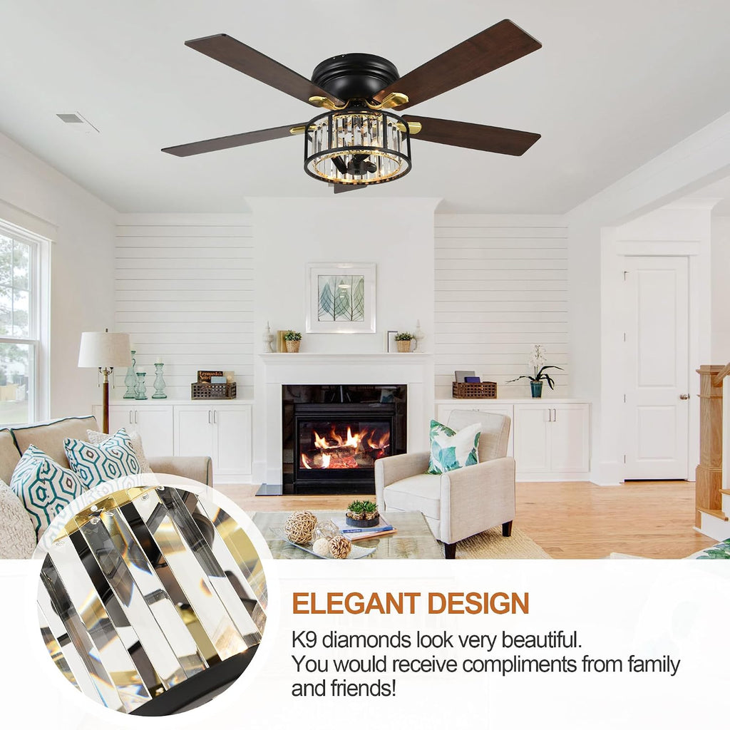 Bella Depot 52' Black Flush Mount Ceiling Fan, Caged Crystal Chandelier Fan with Light (No Bulbs Included), Quiet DC Motor for Dining Living Room Bedroom