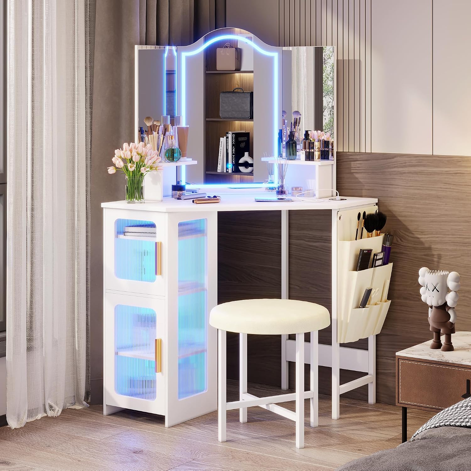 Lareth Corner Vanity Desk with 3 Way Mirror and Lights, Modern Makeup Vanity with Charging Station, 44' Large Bedroom Dressing Table with Stool & Shelves, Gifts for Girls Women, White