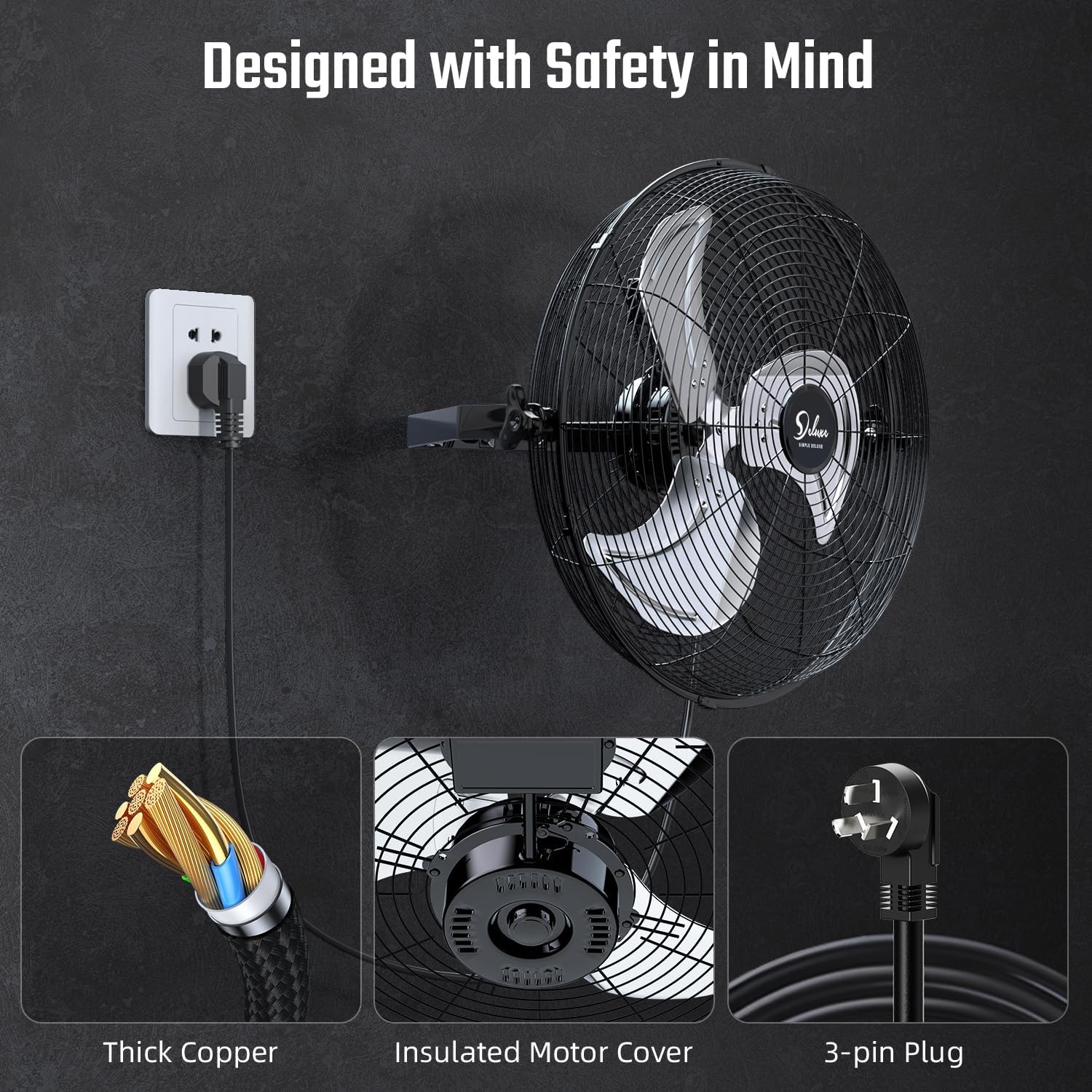Simple Deluxe 20 Inch High Velocity 3 Speed, Black Wall-Mount Fan for Warehouse, Greenhouse, Workshop, Patio, Factory and Basement