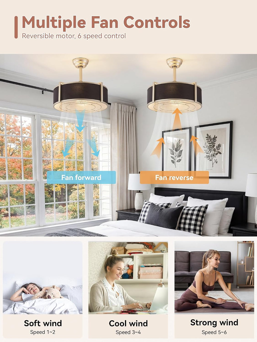 20 inch Fandelier Ceiling Fan with Light, Boho Chandelier Ceiling Fan with Light Remote Control, Caged Enclosed with 6 Speeds for Bedroom, Living Room, Foyer, Nursery