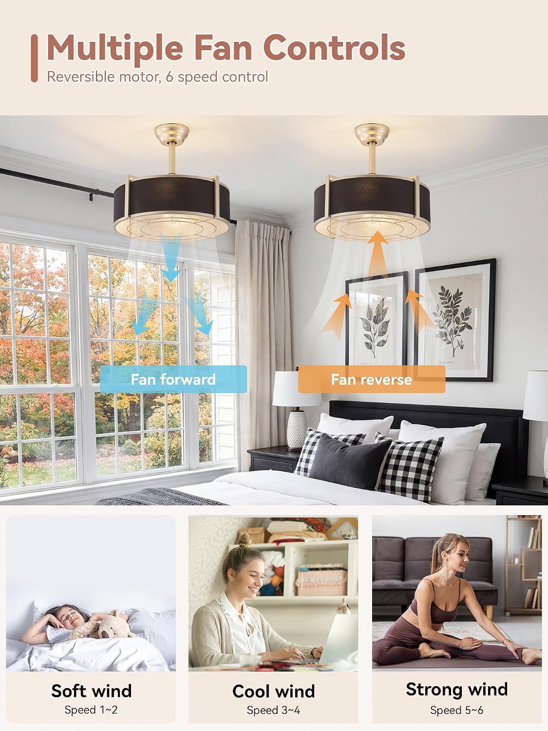 20 inch Fandelier Ceiling Fan with Light, Boho Chandelier Ceiling Fan with Light Remote Control, Caged Enclosed with 6 Speeds for Bedroom, Living Room, Foyer, Nursery
