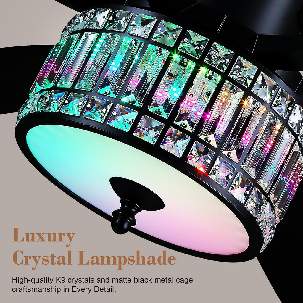 Kviflon 52 Inch Crystal Ceiling Fan with RGB Lights and Remote/APP Control, Black Fandelier Ceiling Fan with Light, Modern Chandelier Ceiling Fan for Bedroom Living Room, Quiet DC Motor, Dimmable LED