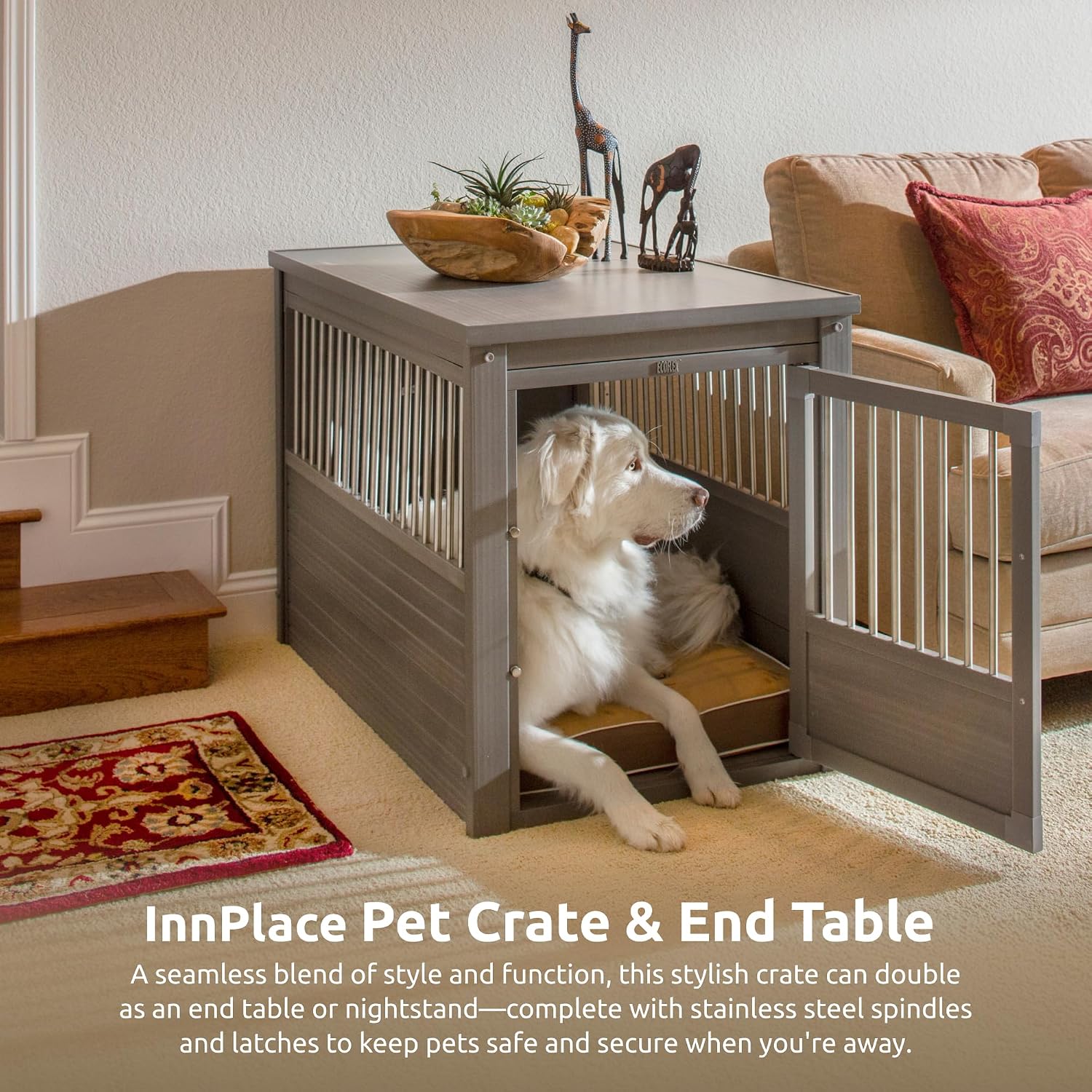 New Age Pet ECOFLEX InnPlace Dog Crate & End Table, Indoor Furniture Style Pet Kennel for Small, Medium, Large & XL Dogs, Durable Composite, Grey, X-Large