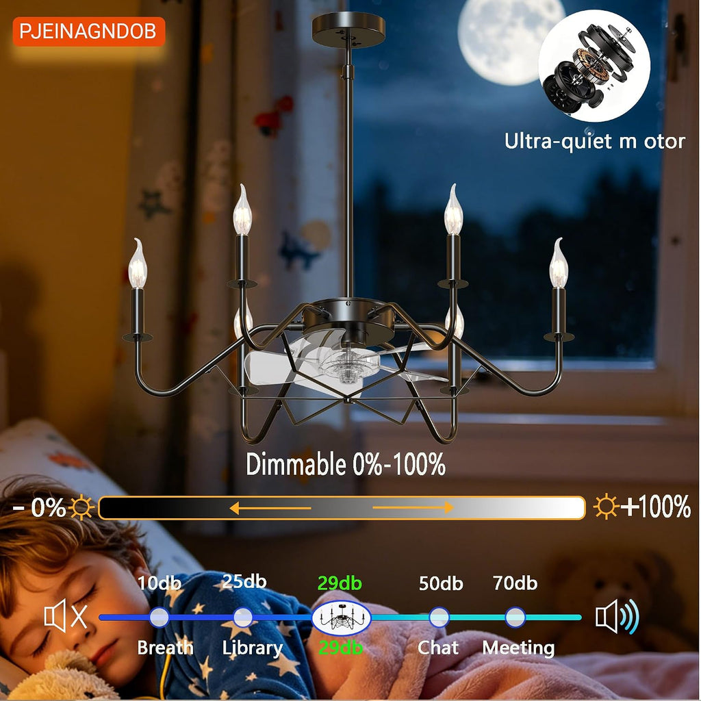 Ceiling Fan with Branch-Shaped Candlestick Chandelier 10%-100% Dimmable Rustic Hanging Chandelier for Bedroom, Dining Room, Kitchen Island, Foyer, Hallway-Black 29'