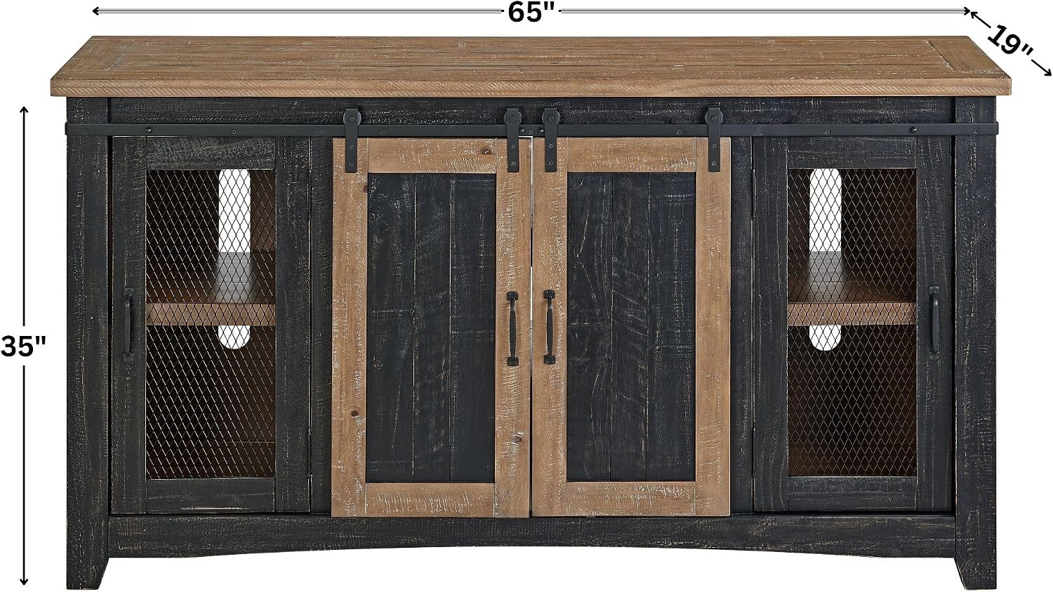 Martin Svensson Home 65' Solid Pine Wood Entertainment Center with Storage. Rustic TV Stand for TVs up to 70.' Sliding Doors, Adjustable Shelves & Cable Management – Black and Driftwood Finish