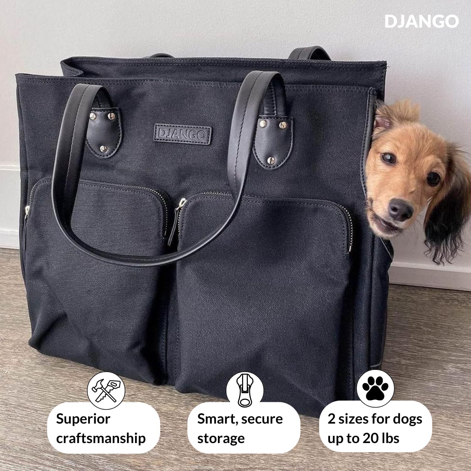 DJANGO Waxed Canvas & Leather Dog Carrier Tote Bag – Premium Soft-Sided Travel Dog Purse with Safety Leash, WR Lining, & Large Zipper Pockets – Everyday Pet Carrier for Small Dogs (Black, Medium)