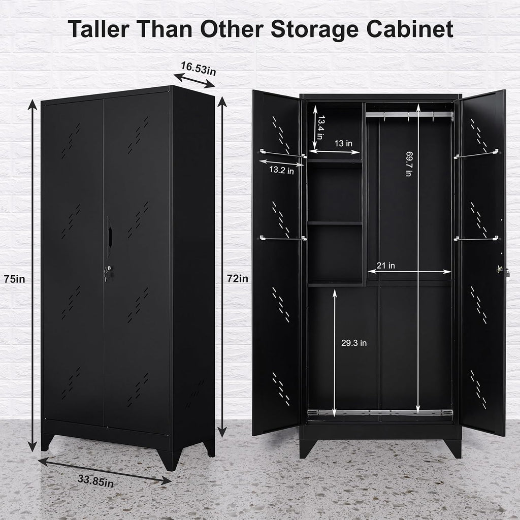75' Taller Metal Garage Storage Cabinet,Tool Chest, Large Office Storage Cabinet with Lock Doors, Stainless Steel Bottom Plate with Holes,Utility Room Organization(H75* D16.53*L33.85)(Black)